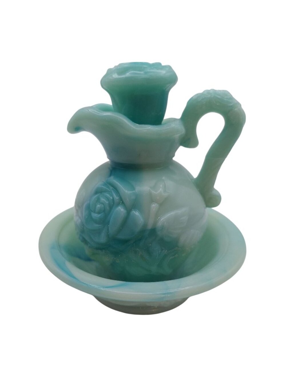 Avon Victoriana Pitcher Bowl Set Miniature Green Slag Glass Vintage Collectible